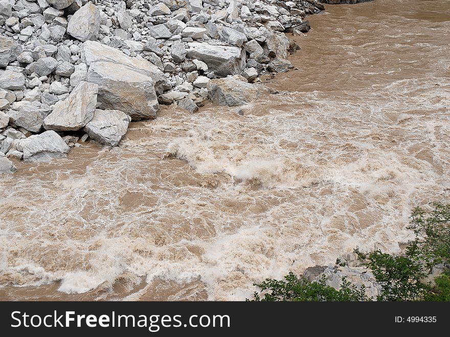 Running river with rocks and trees