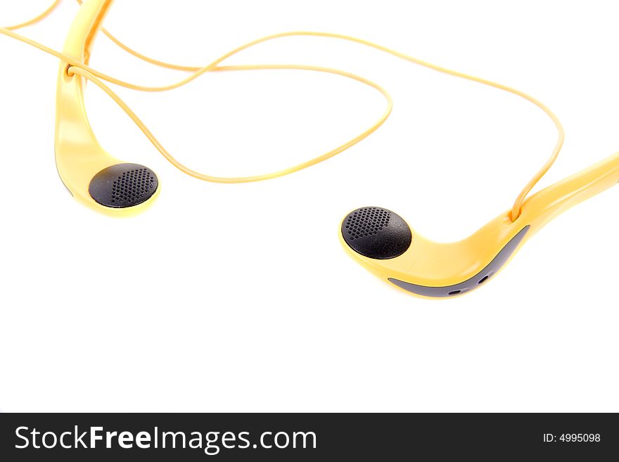 A pair of yellow waterproof sports headphones on a white background