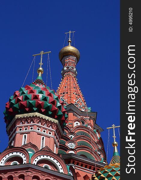 Traditional Russian architecture atop the The Pokrovsky Cathedral (St. Basil's Cathedral) on Red Square in Moscow. Traditional Russian architecture atop the The Pokrovsky Cathedral (St. Basil's Cathedral) on Red Square in Moscow