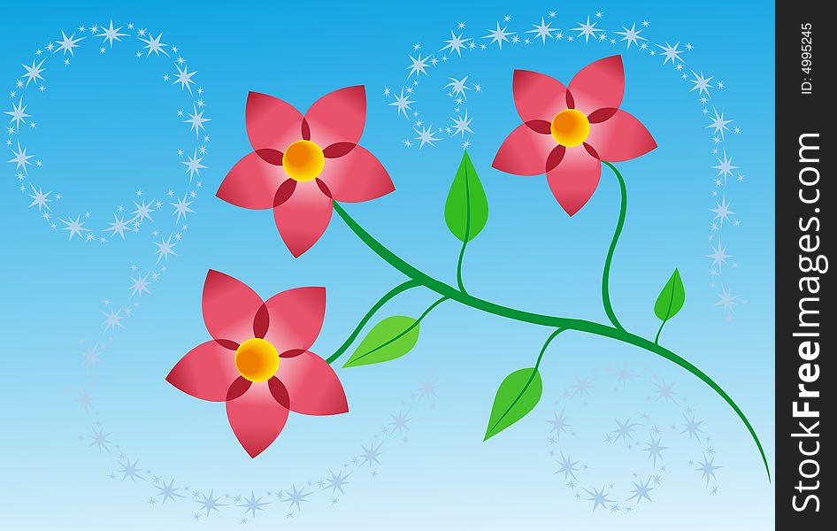 This three red flowers on branch with sheet, on blue background. This three red flowers on branch with sheet, on blue background.