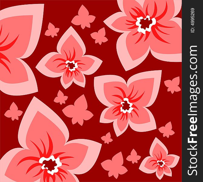 Ornate red flowers on a dark red background. Ornate red flowers on a dark red background.