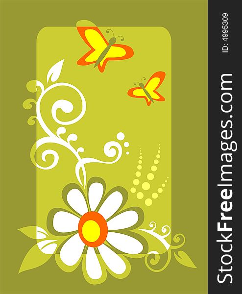 Ornate chamomile and butterflies on a green background. Ornate chamomile and butterflies on a green background.