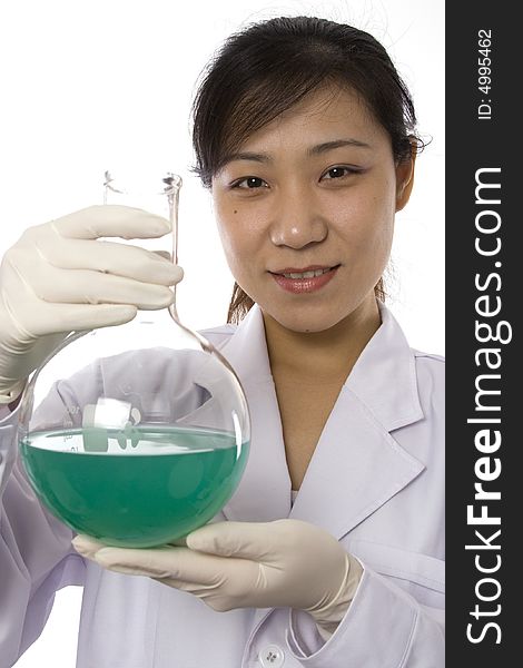 Female scientist with test tube in white background.