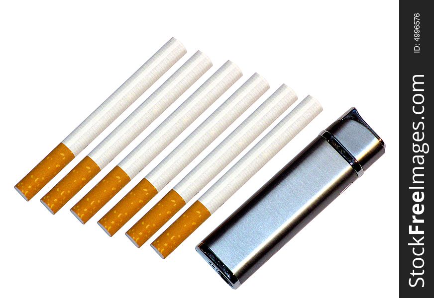 6 cigarettes and lighter isolated on white