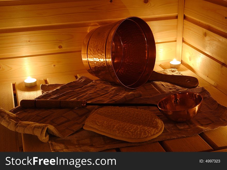 Interior of a Finnish sauna in candle light