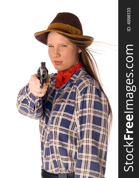 Smiling cowgirl with gun aim at someone (isolated on white)