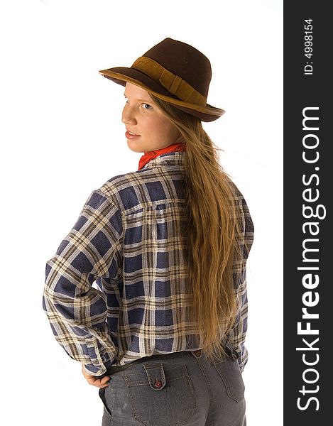 Young Woman In Cowboy Dress Looking Backward