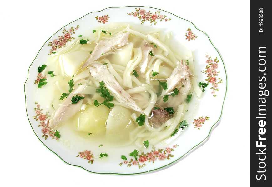 Hot chicken soup bouillon in white dish. Hot chicken soup bouillon in white dish