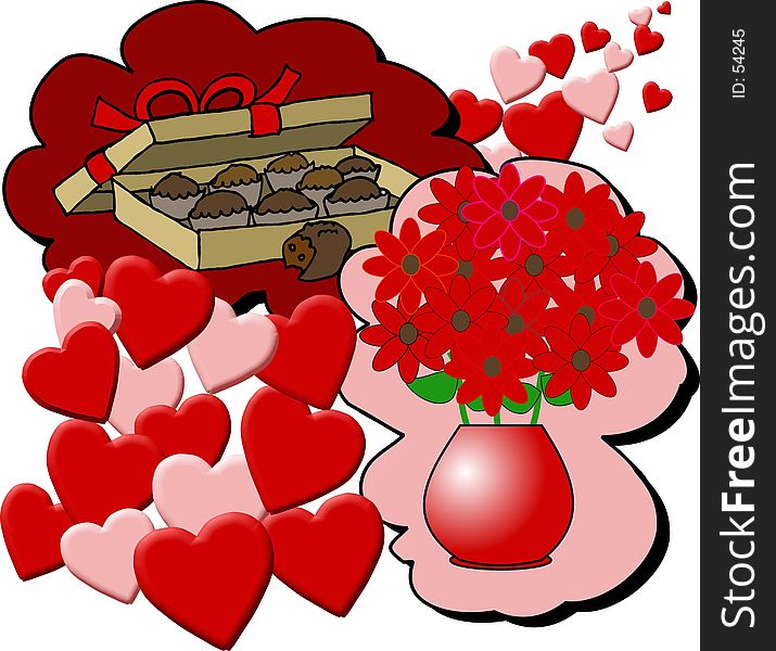 This illustration that I created depicts a collage of Valentines hearts, flowers & candy.