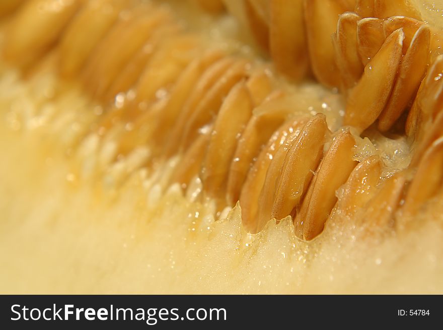 Somewhat abstract macro of juicy melon seeds. Focused on the lower right quarter.