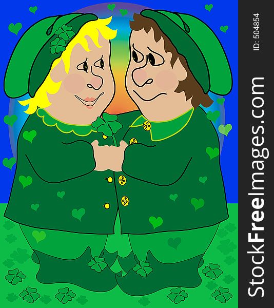 Two leprechaun's, one handing the other a four leaf clover, looking lovingly at each other. Two leprechaun's, one handing the other a four leaf clover, looking lovingly at each other.