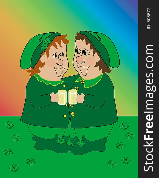 Leprechauns drinking beer from mugs, rainbow and clover backgroud,