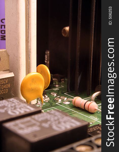 Component close up, ceramic capacitor and resistor. Component close up, ceramic capacitor and resistor