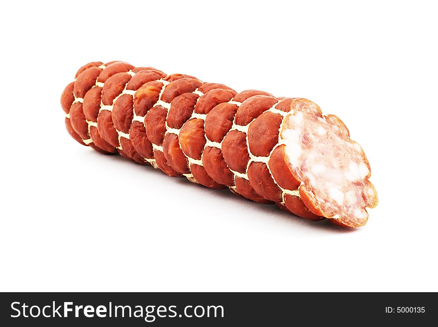Isolated photo of cut sausage in bandage