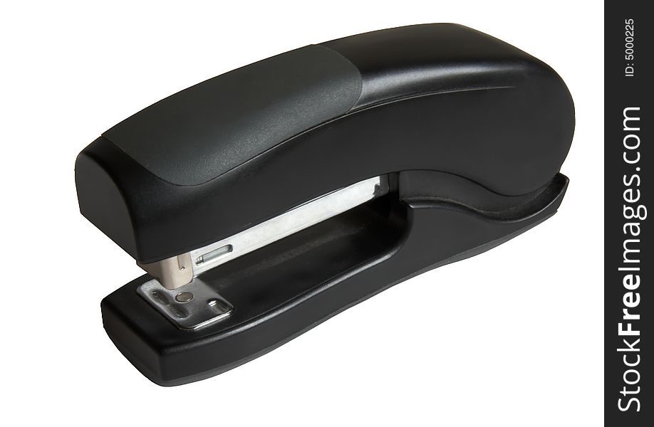 Black stapler on a white background