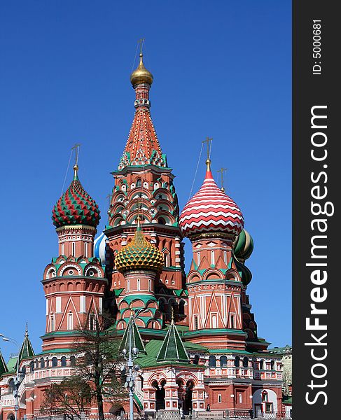 Traditional Russian architecture atop the The Pokrovsky Cathedral (St. Basil's Cathedral) on Red Square in Moscow. The cathedral was built between 1555 and 1561 by the architects Barma and Postnik Yakoviev.