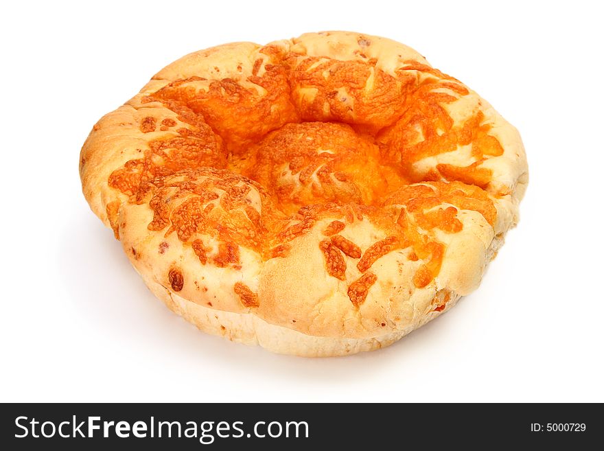 Fresh baked cheddar cheese roll loaf over white. Fresh baked cheddar cheese roll loaf over white.