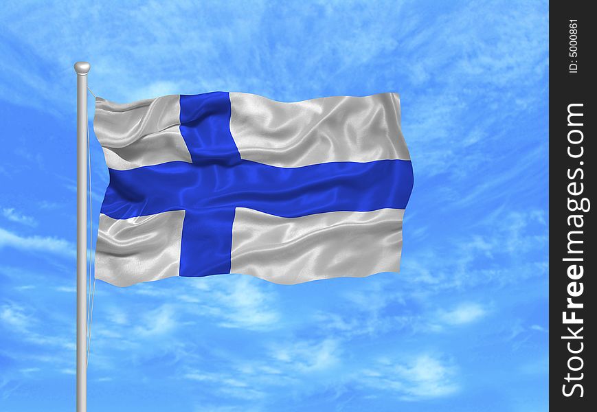 Illustration of waving Finnish Flag on blue sky. Illustration of waving Finnish Flag on blue sky