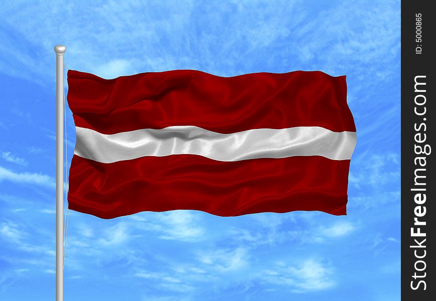 Illustration of waving Latvian Flag on blue sky. Illustration of waving Latvian Flag on blue sky