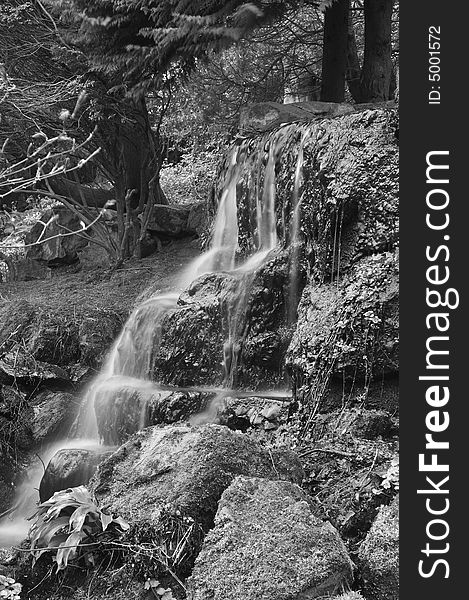 Waterfall in park in Black & White, Portrait. Waterfall in park in Black & White, Portrait