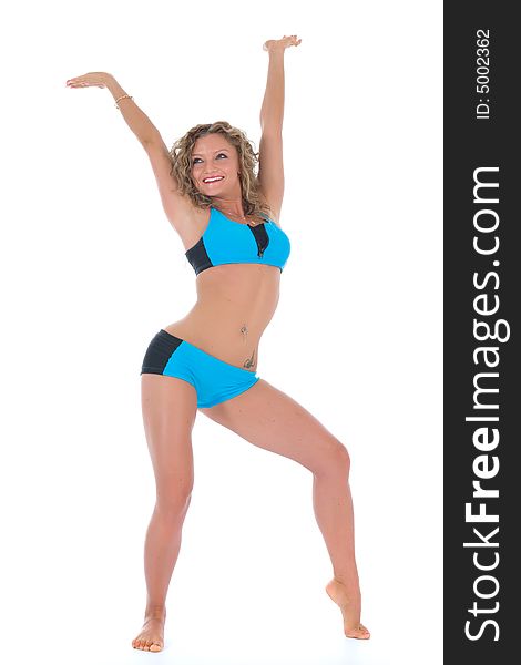 Girl practicing fitness  on  white  background