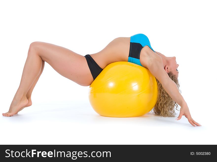 Girl practicing fitness on white background