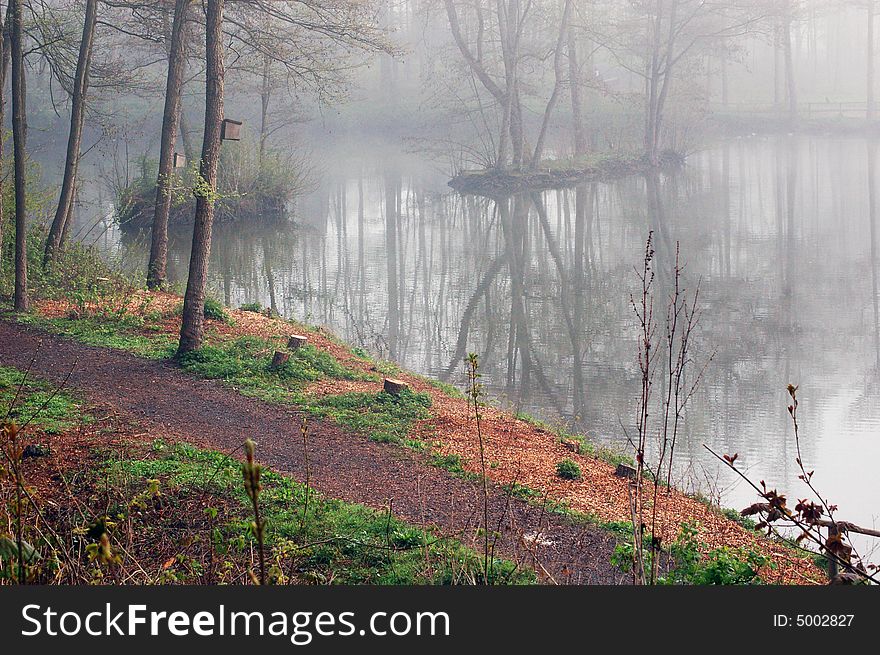 A road by lake at fog. A road by lake at fog