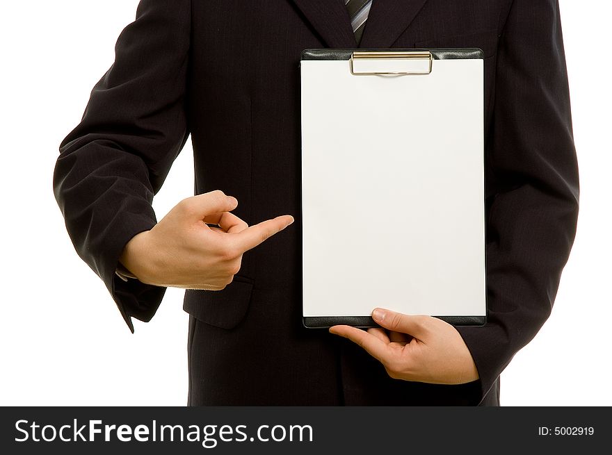 Businessman Holding A Blank Notepad