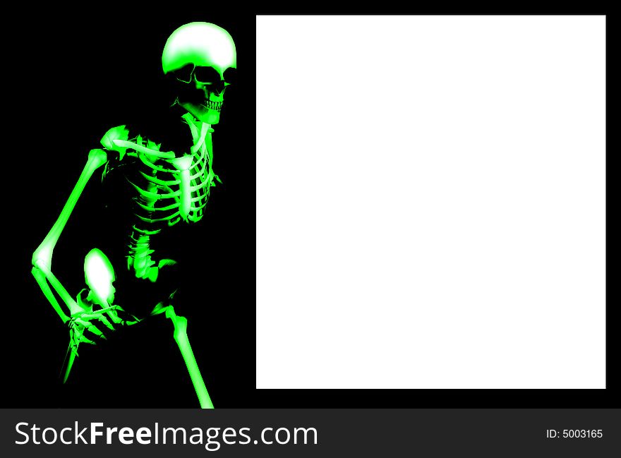 An x ray image of a Skelton in a pose a suitable image for medical or Halloween based concepts. It also contains a blank white area which you can fill with your own text or images. An x ray image of a Skelton in a pose a suitable image for medical or Halloween based concepts. It also contains a blank white area which you can fill with your own text or images.