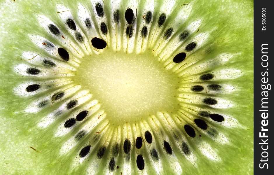 Macro shot of a kiwi fruit slice (back lighted)
