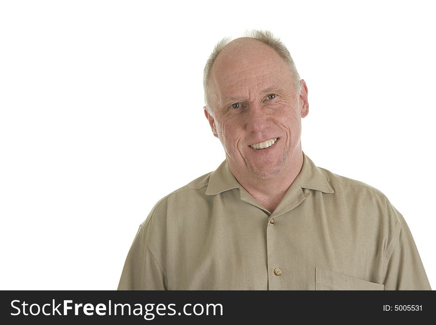 An older guy in a brown shirt with a big smile on a white background. An older guy in a brown shirt with a big smile on a white background