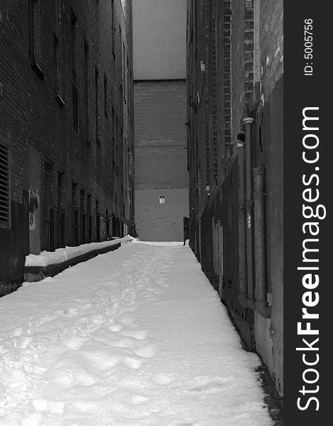 Alley filled with resent snow fall. Alley filled with resent snow fall
