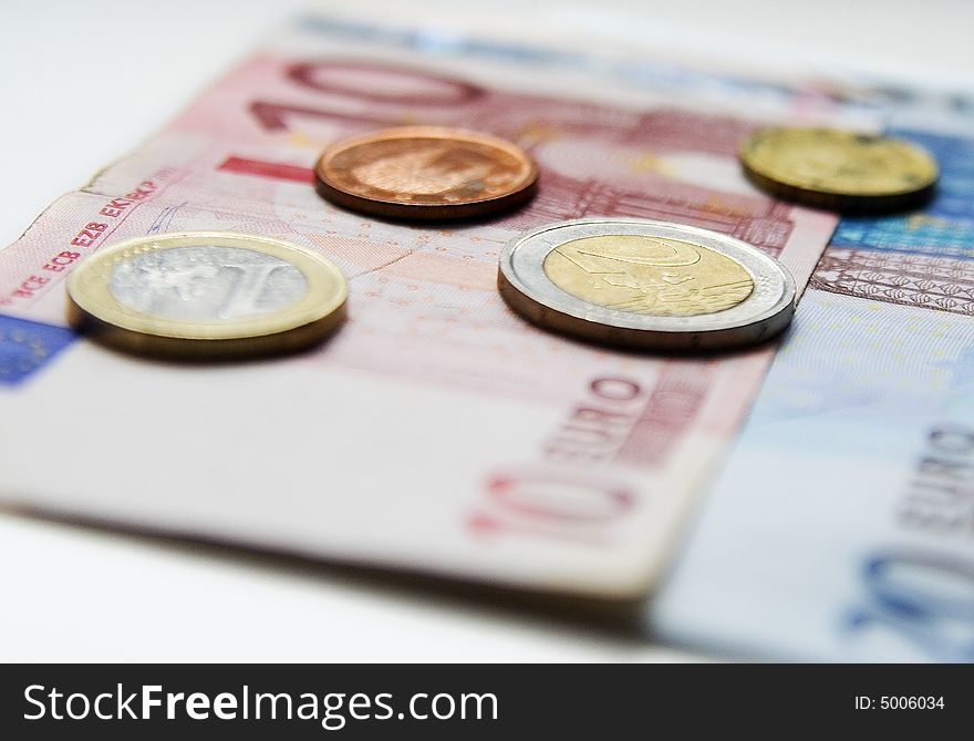 European currency, coins and paper bills.