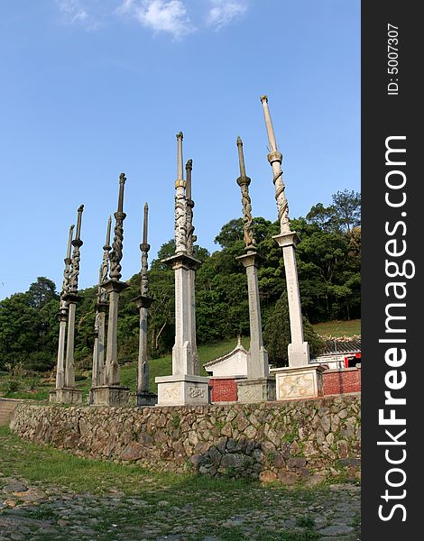 A group of chinese ancient poles which are represented the glory of the family. A group of chinese ancient poles which are represented the glory of the family