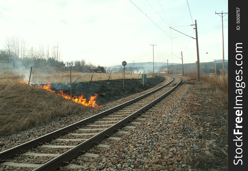 The train in Sweden makes the grass burn. The train in Sweden makes the grass burn.