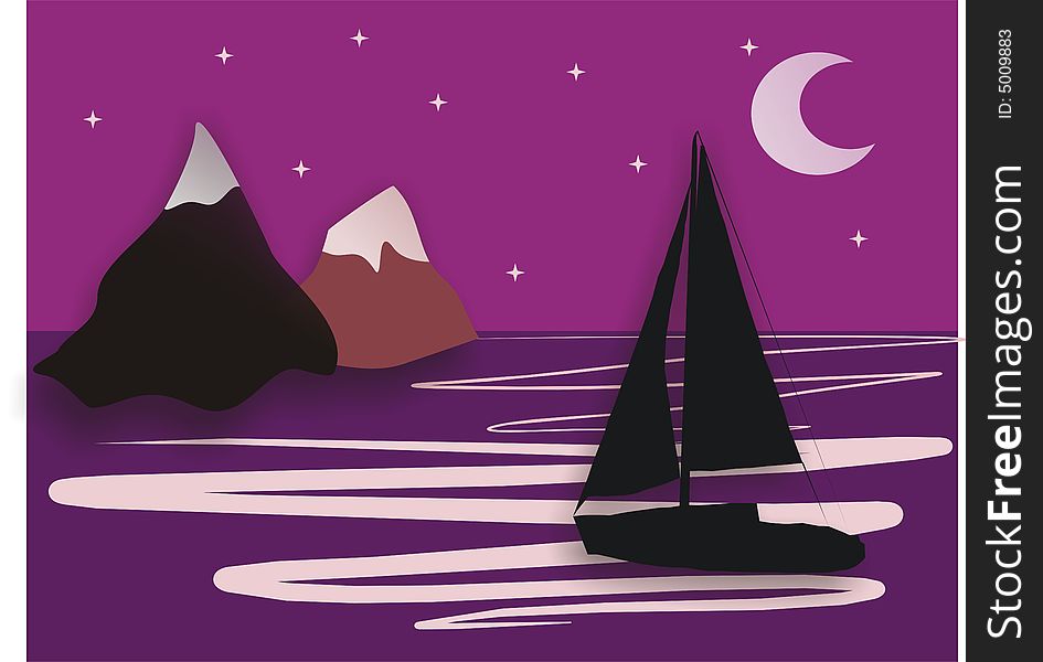 Illustration of boat,moon & montains. Illustration of boat,moon & montains