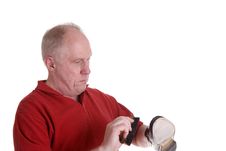 Old Guy In Red Shirt Shining A Shoe Stock Photo Old Guy In Red Shirt Shining A Shoe Stock Photo