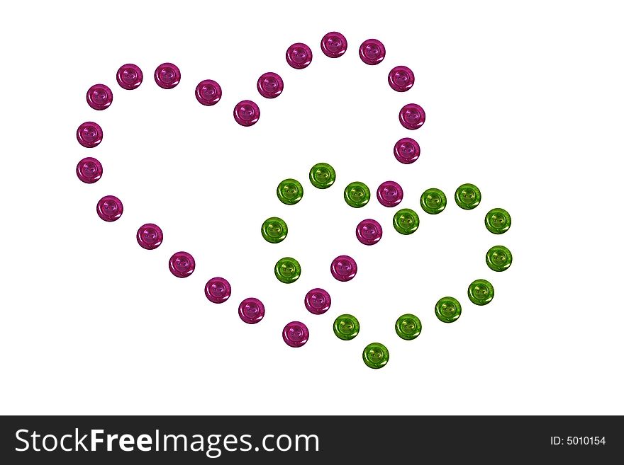 Violet and green hearts made up from buttons. Violet and green hearts made up from buttons