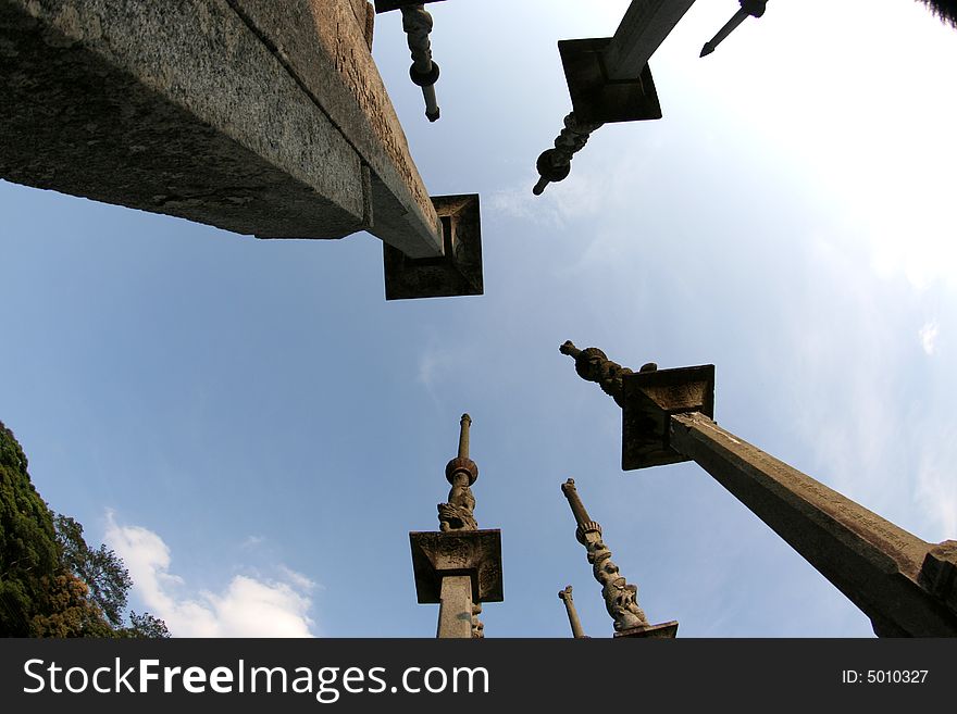 A group of chinese ancient poles which are represented the glory of  the family. A group of chinese ancient poles which are represented the glory of  the family