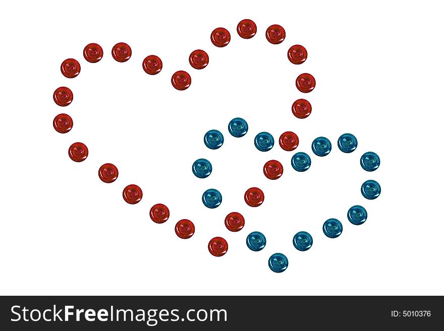 Red and blue hearts made up from buttons. Red and blue hearts made up from buttons