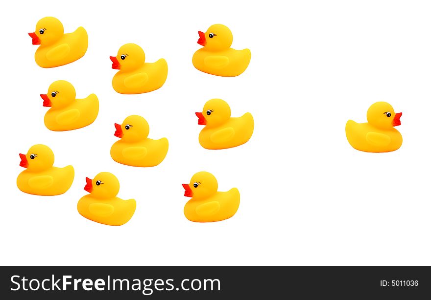 Yellow rubber duck going in opposite direction of a group of ducks. Yellow rubber duck going in opposite direction of a group of ducks