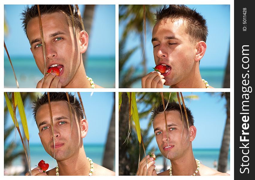 The young man eating the strawberry   under the palm tree. The young man eating the strawberry   under the palm tree