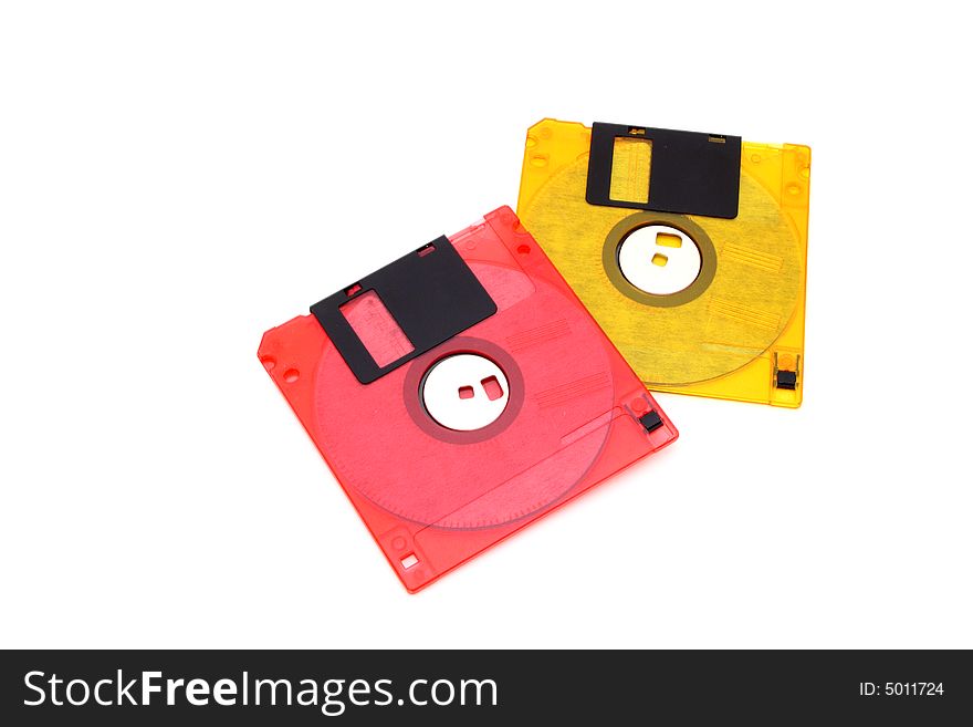 Pair of floppy disks over a white surface