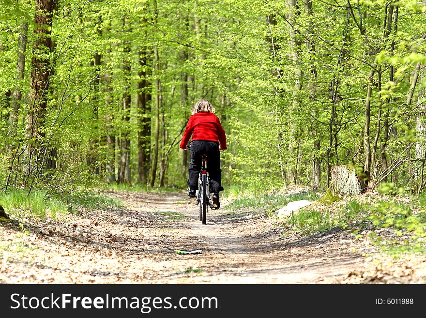 Biker in action. Road in summer forest. Biker in action. Road in summer forest