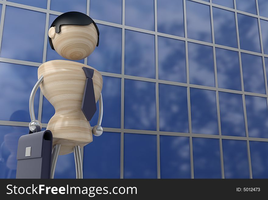 Businessman with briefcase stands next to skyscraper