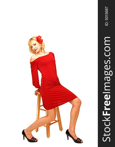 Sitting Blond Lady In Red Dress 10.