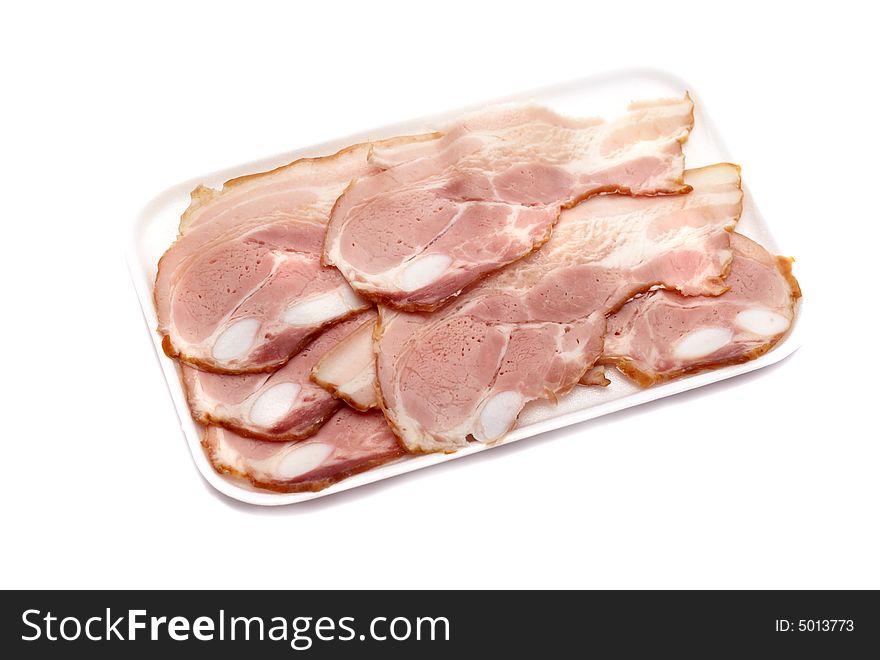 Slices of pork on a white background