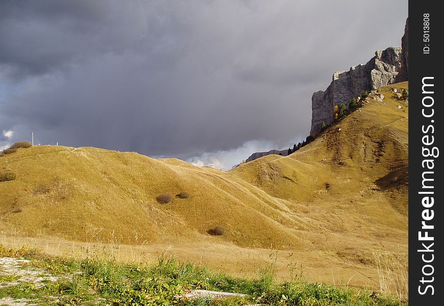 A beautifull landscape of the Passo Gardena in Sud Tyrol before a storm. A beautifull landscape of the Passo Gardena in Sud Tyrol before a storm.