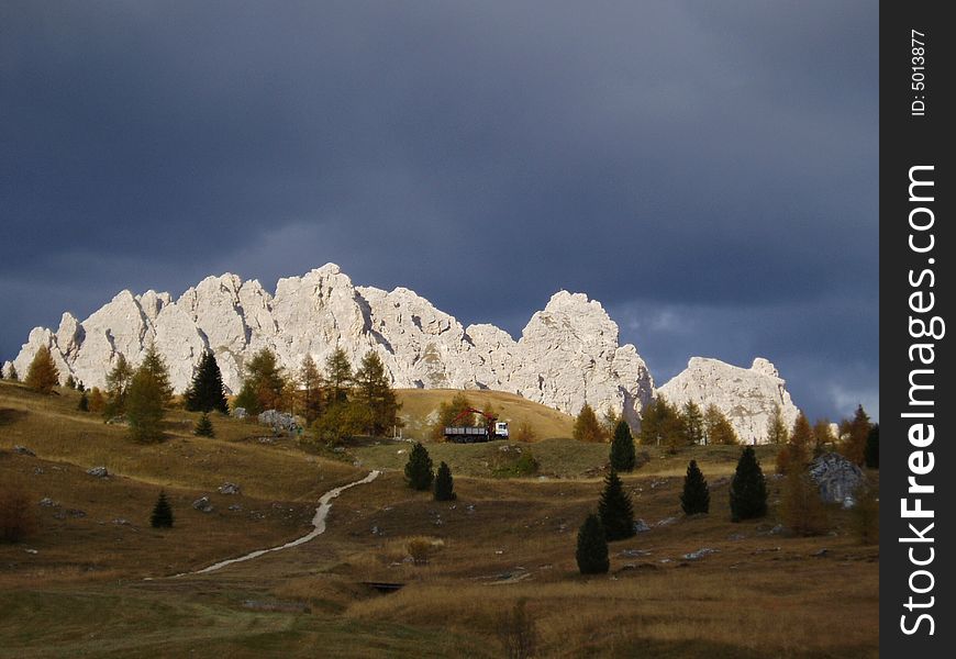 A wonderfull view of the Cir mountain in passo Gardena before a storm. A wonderfull view of the Cir mountain in passo Gardena before a storm