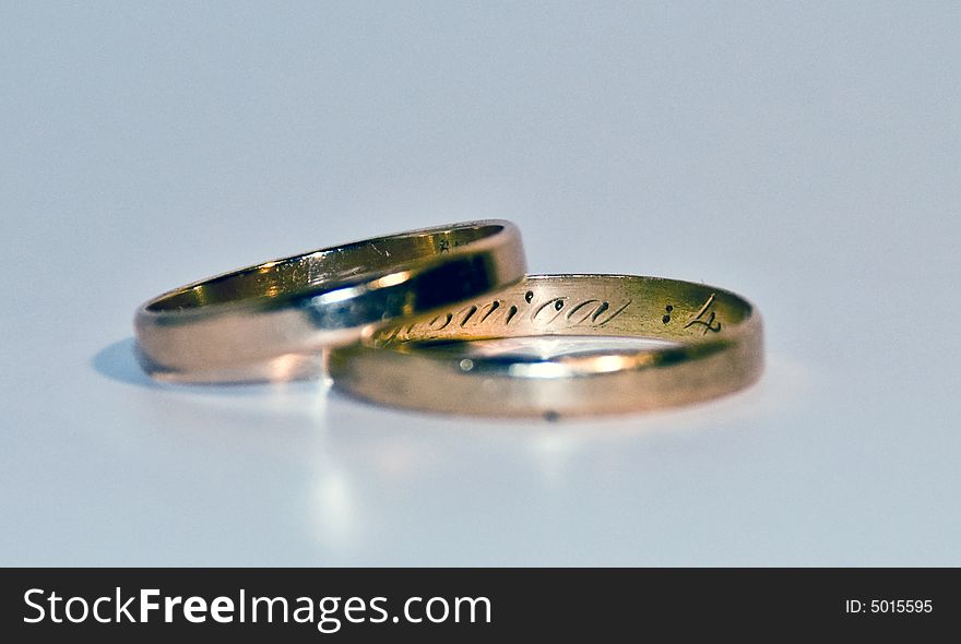 Close up photo of 2 wedding rings isolated on a blank back ground